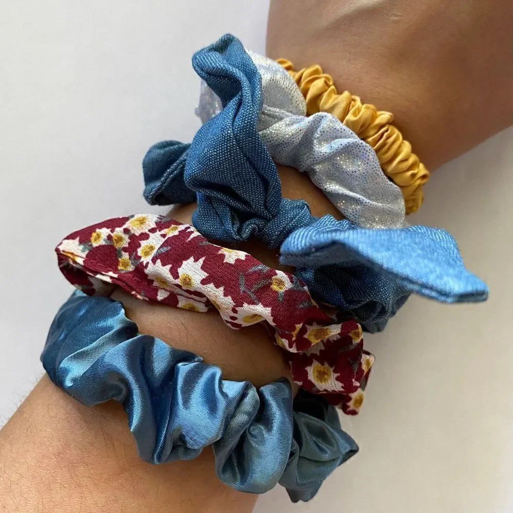 𝅺Set of 5 Scrunchies - Denim Bow Mustard Floral